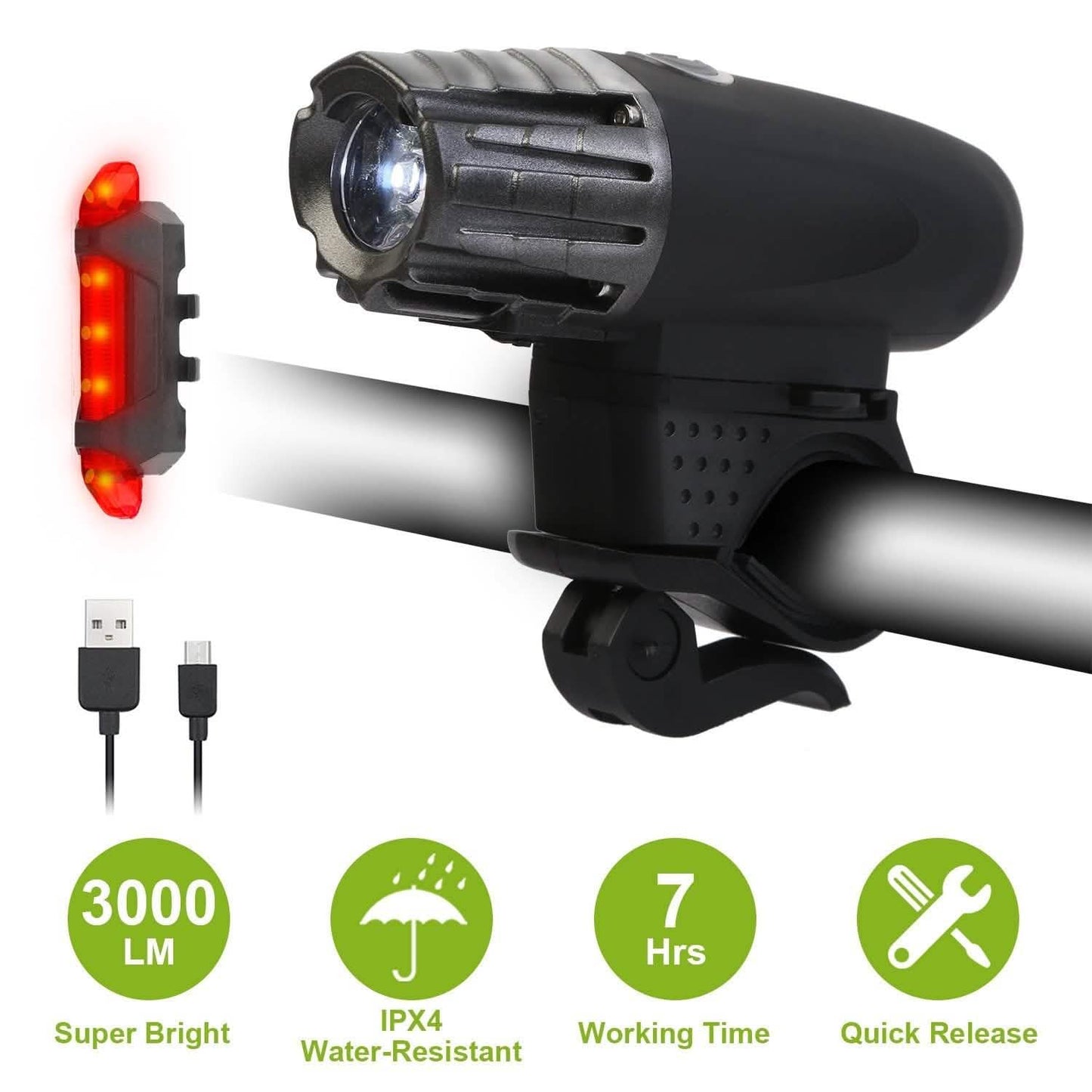 iMounTEK Fahrrad-Fronttaschenlampe IPX4 Wasserfest mit Rücklicht/Sicherheits-LED-Lampe