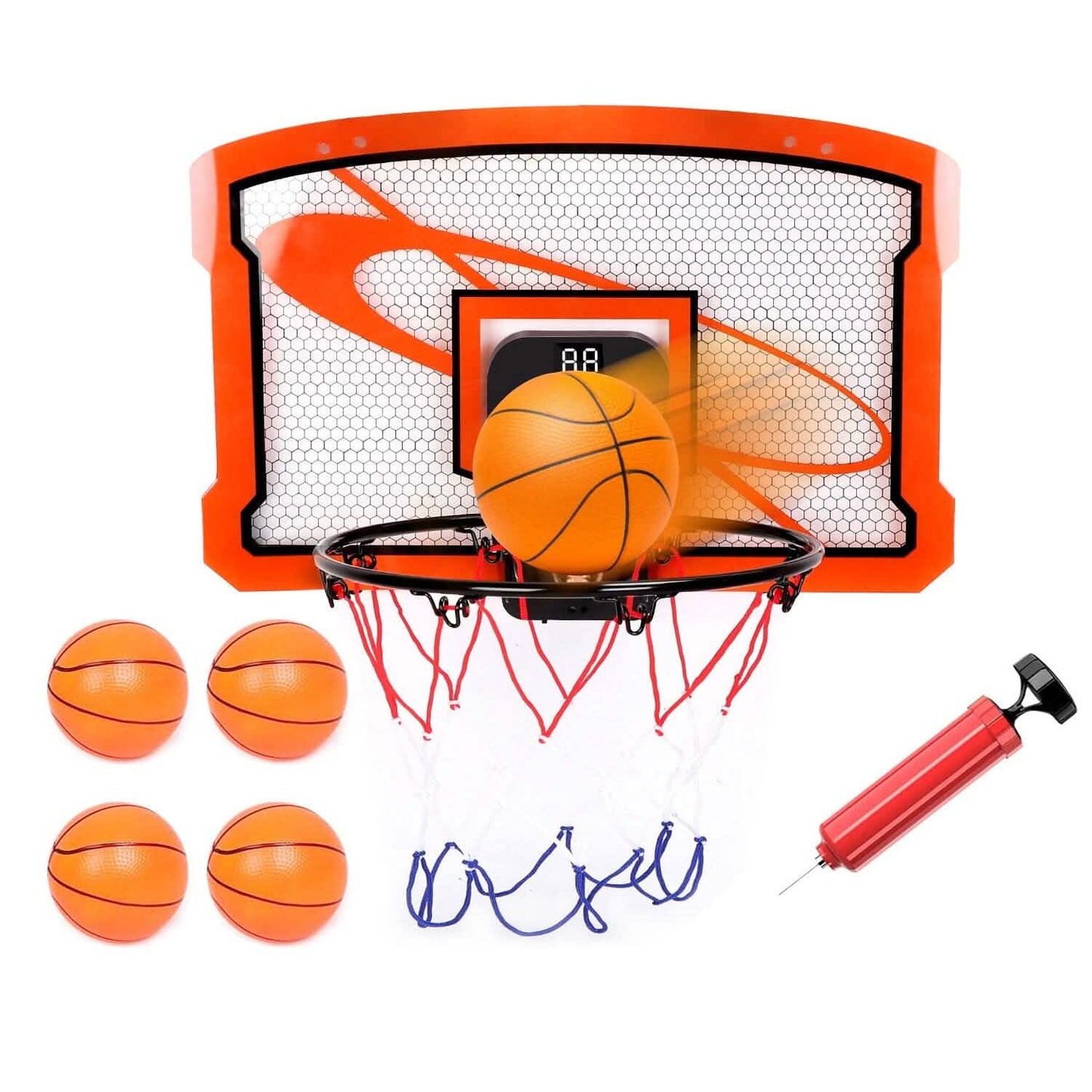 Indoor Mini-Basketballkorb-Set mit 4 aufblasbaren Bällen und elektrischem Audio-Punktezähler