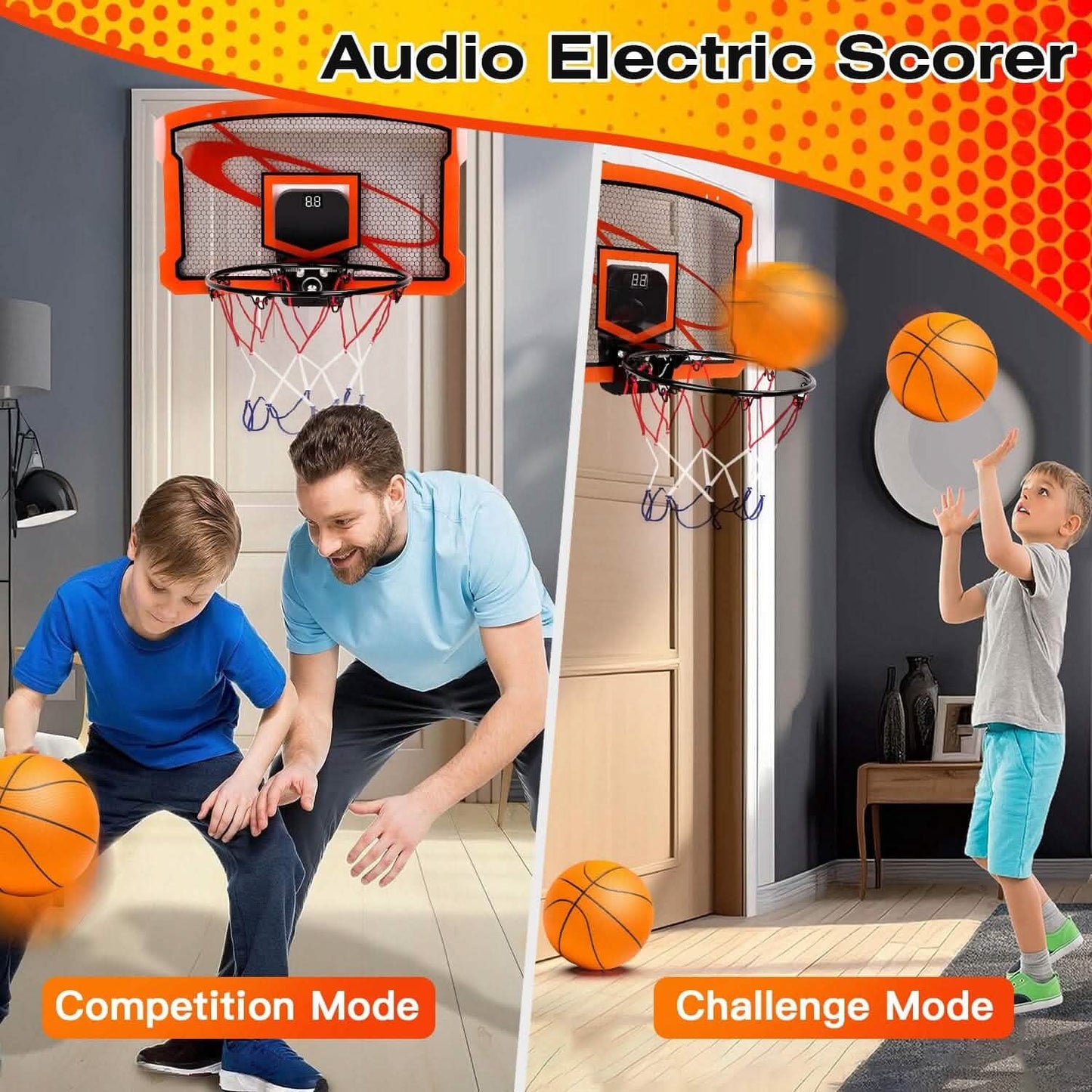 Indoor Mini-Basketballkorb-Set mit 4 aufblasbaren Bällen und elektrischem Audio-Punktezähler