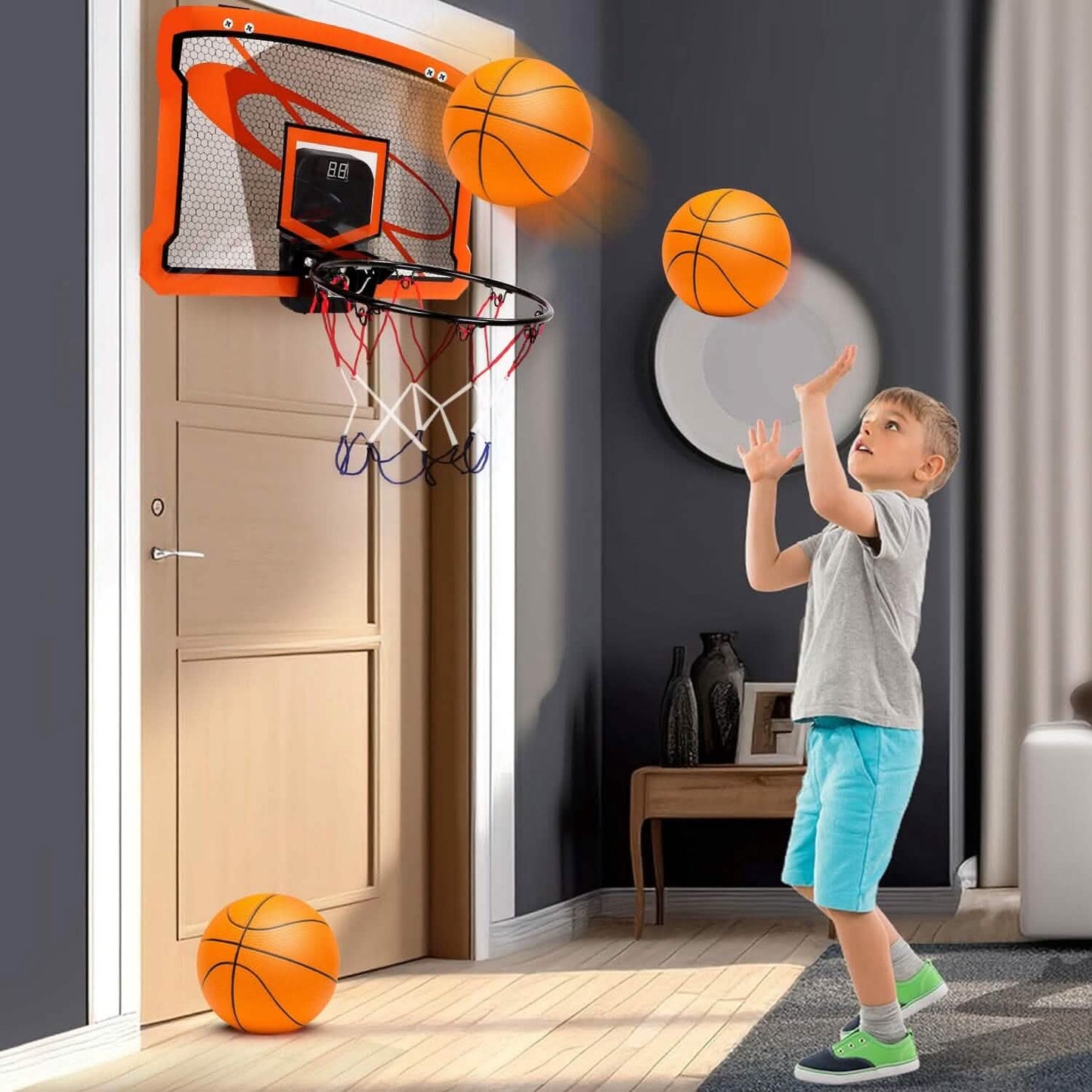 Indoor Mini-Basketballkorb-Set mit 4 aufblasbaren Bällen und elektrischem Audio-Punktezähler