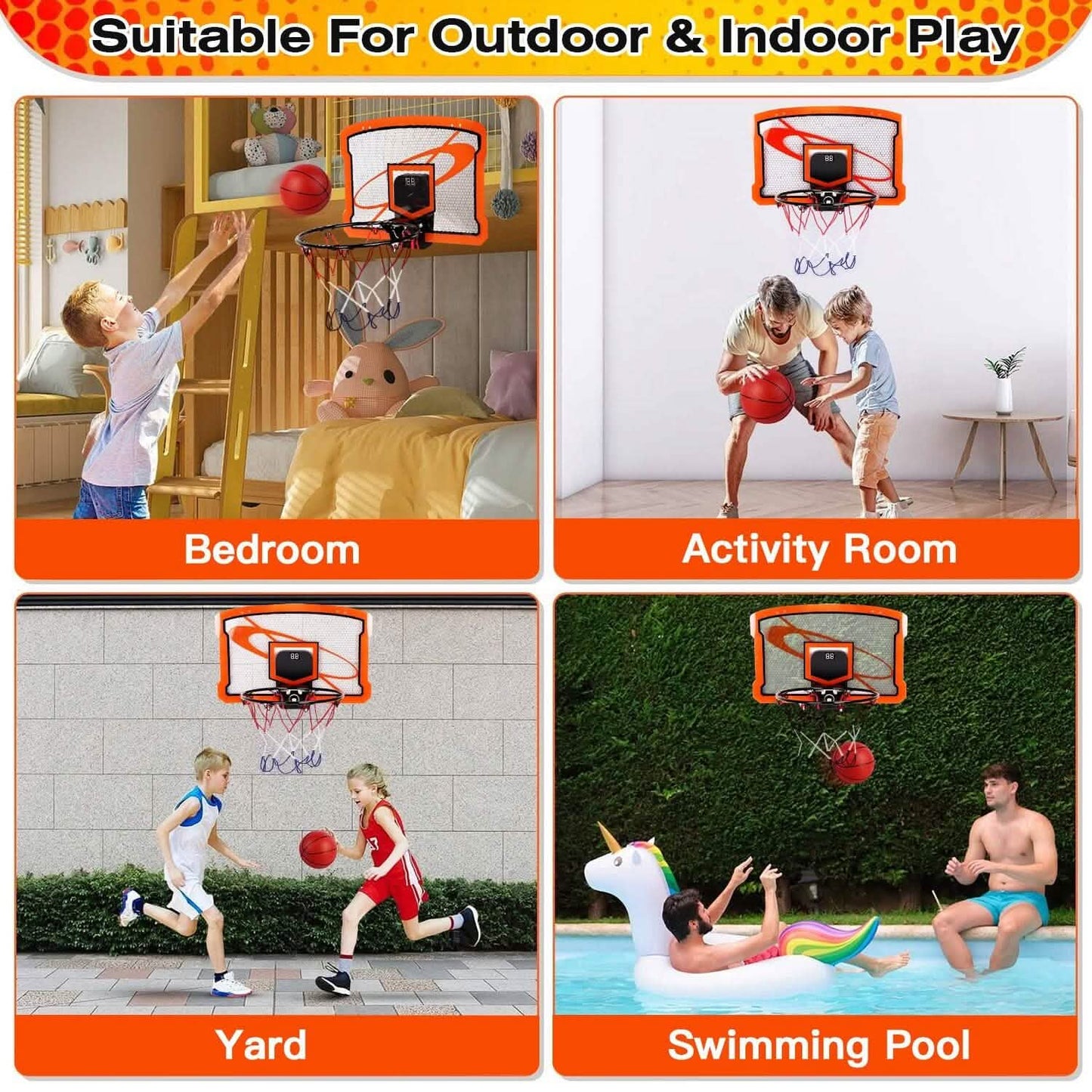 Indoor Mini-Basketballkorb-Set mit 4 aufblasbaren Bällen und elektrischem Audio-Punktezähler