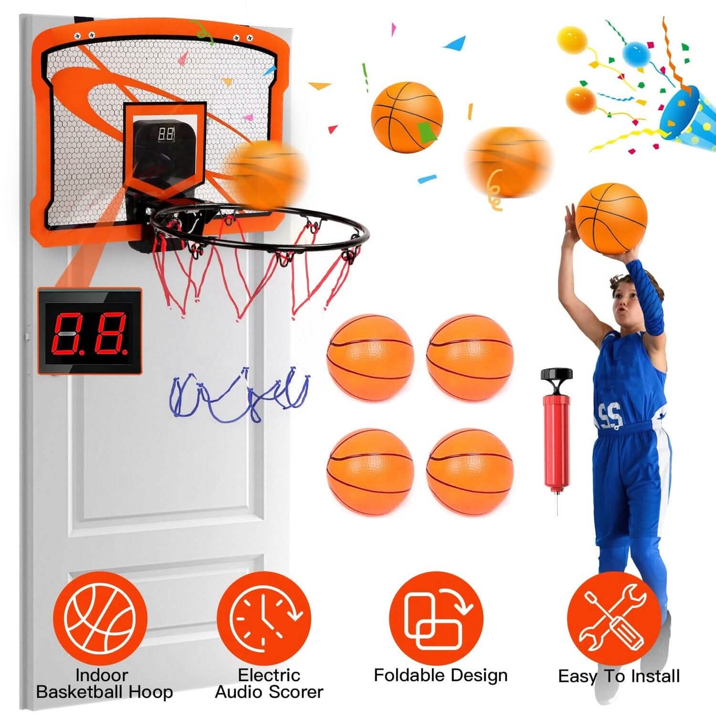 Indoor Mini-Basketballkorb-Set mit 4 aufblasbaren Bällen und elektrischem Audio-Punktezähler