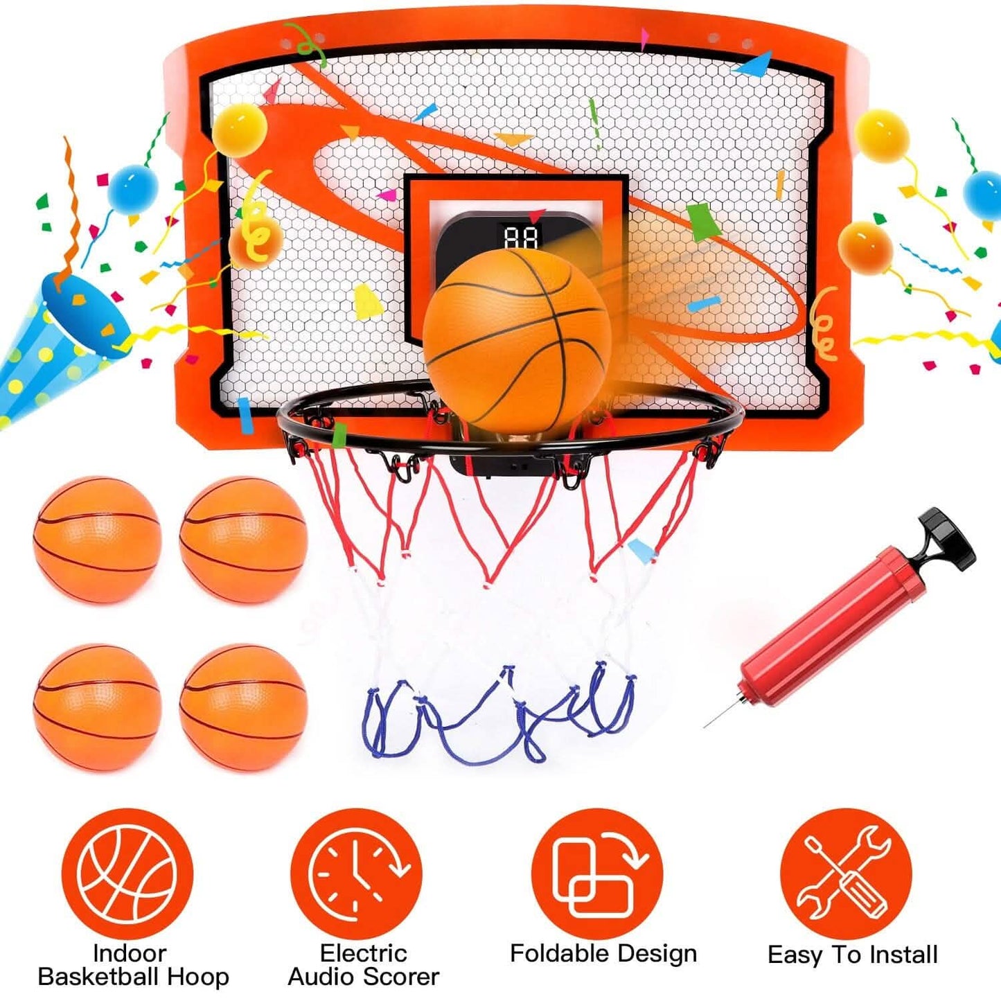 Indoor Mini-Basketballkorb-Set mit 4 aufblasbaren Bällen und elektrischem Audio-Punktezähler