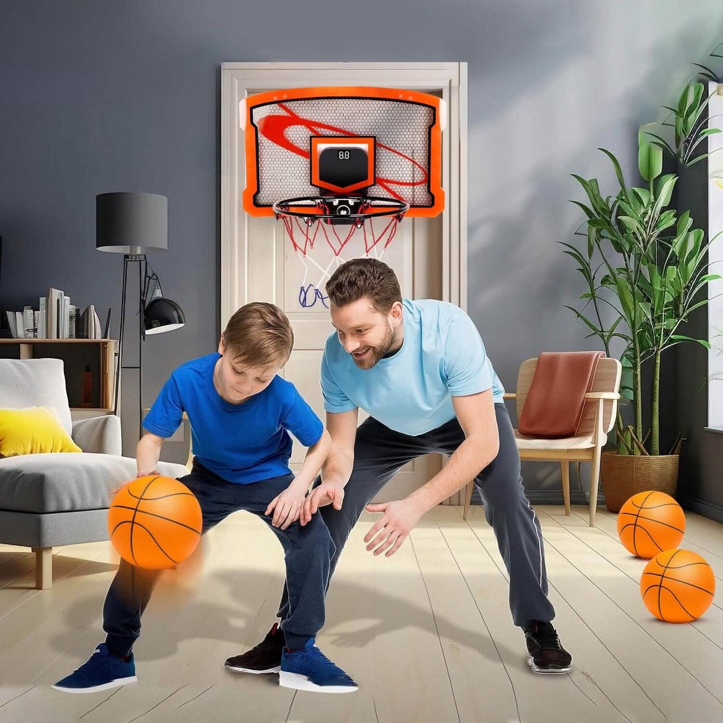 Indoor Mini-Basketballkorb-Set mit 4 aufblasbaren Bällen und elektrischem Audio-Punktezähler