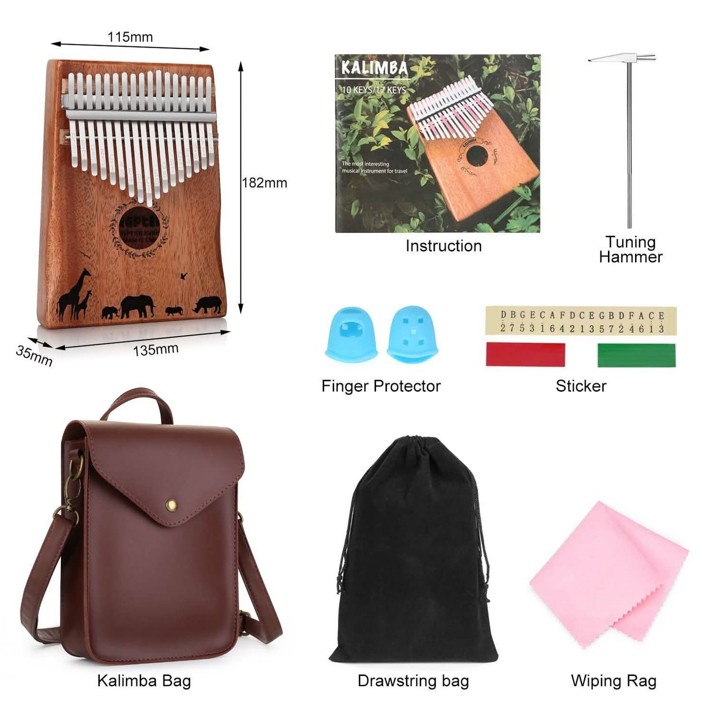Kalimba, 17 Tasten, Daumenklavier mit Stimmar Hammer und Tasche