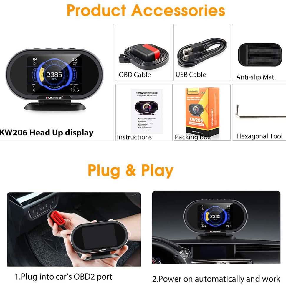 KONNWEI KW206 Auto OBD2 HUD Digitalanzeige Drehzahlmesser