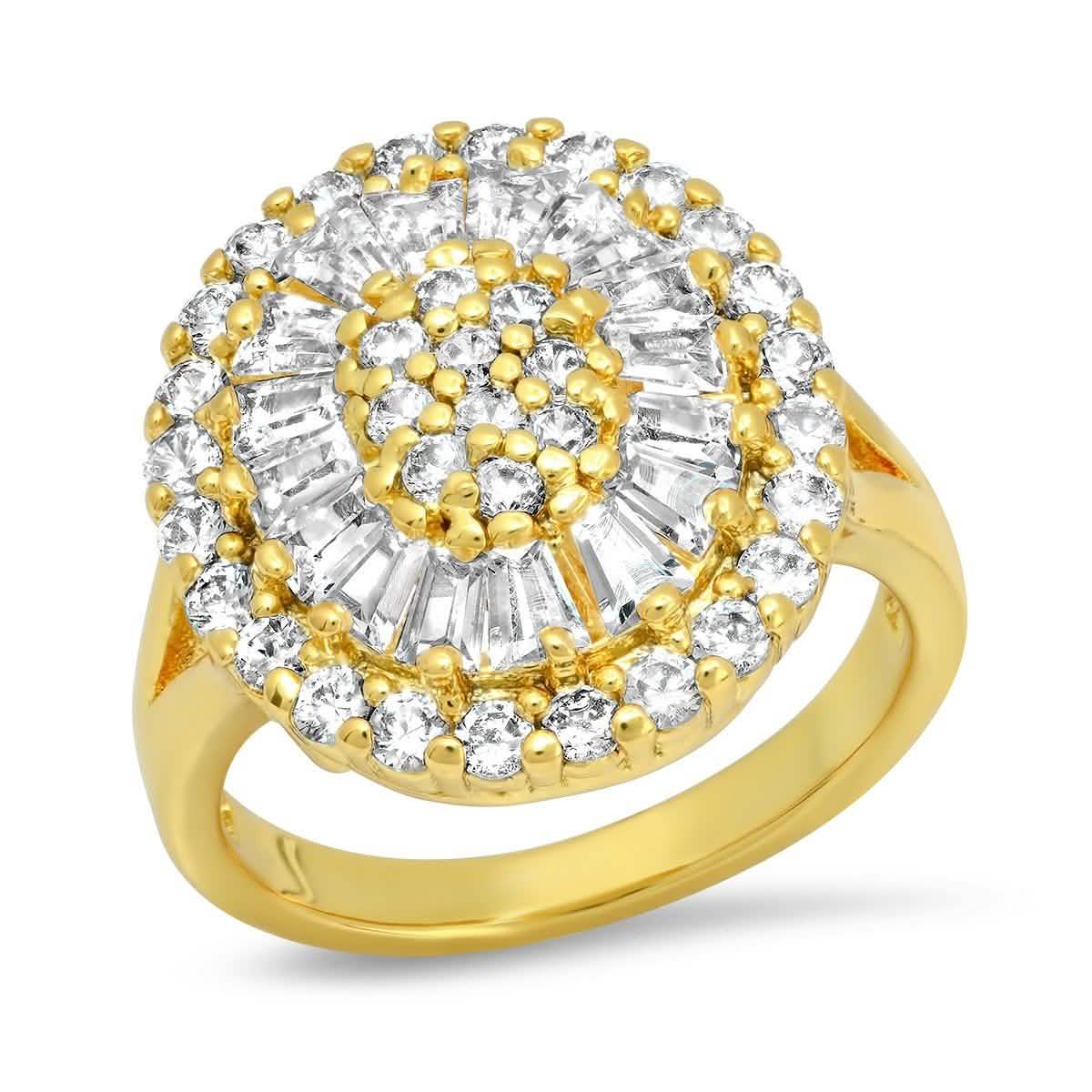 Damenring, 18 Karat vergoldet, Messing, oval, simulierte Diamanten (Rund/Baguette)