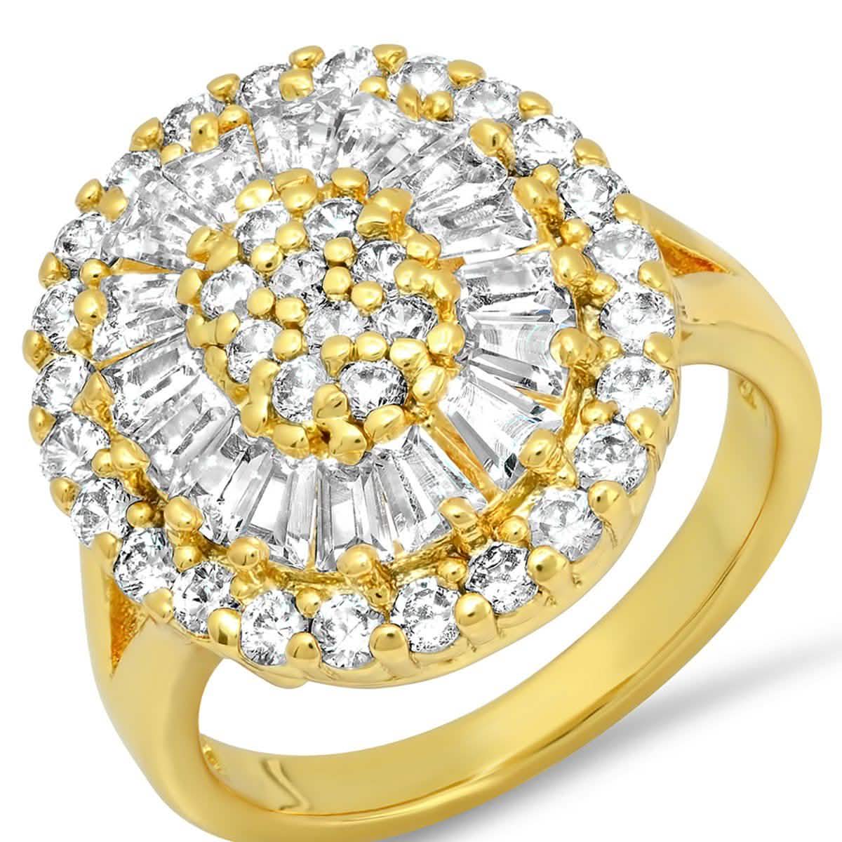 Damenring, 18 Karat vergoldet, Messing, oval, simulierte Diamanten (Rund/Baguette)