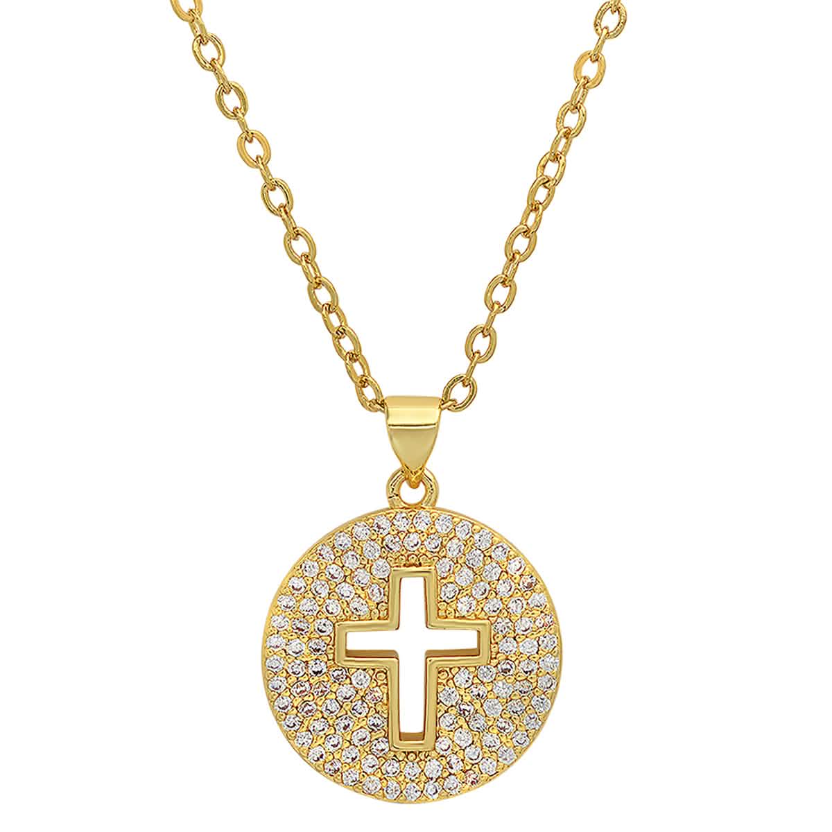 Ladies 18k White Gold/Gold Plated Brass Simulated Diamonds Round Cross Pendant