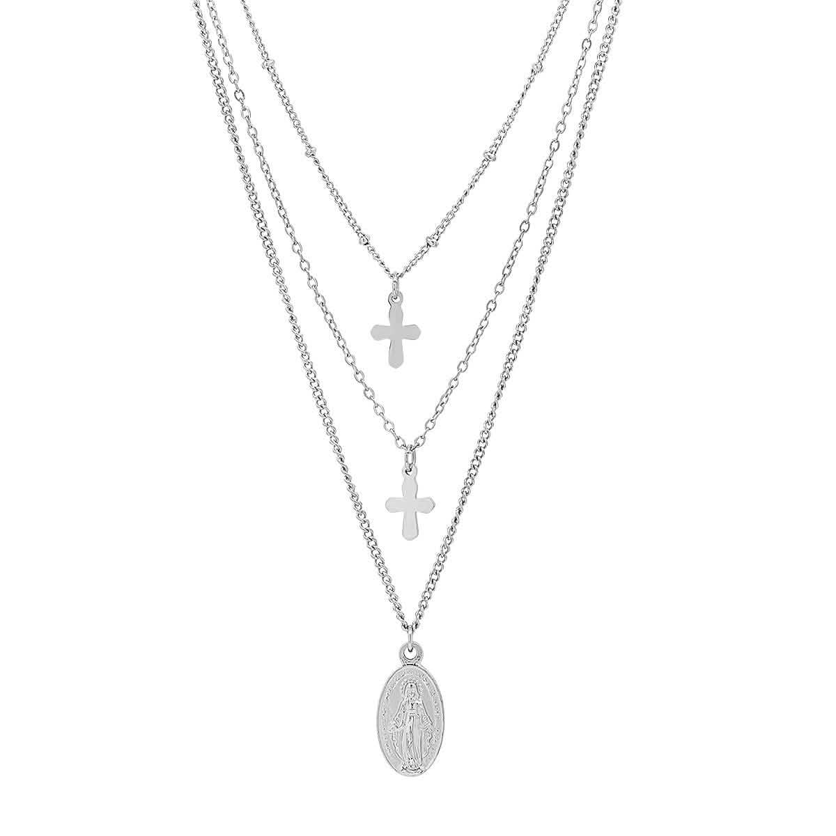 Damen 3-fach Halskette mit Unserer Lieben Frau von Guadalupe und Kreuz-Anhängern
