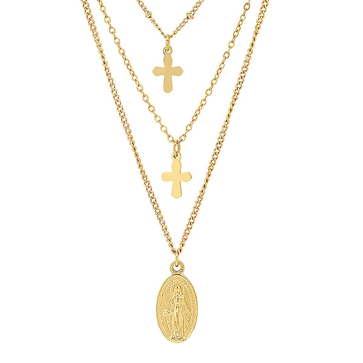 Damen 3-fach Halskette mit Unserer Lieben Frau von Guadalupe und Kreuz-Anhängern