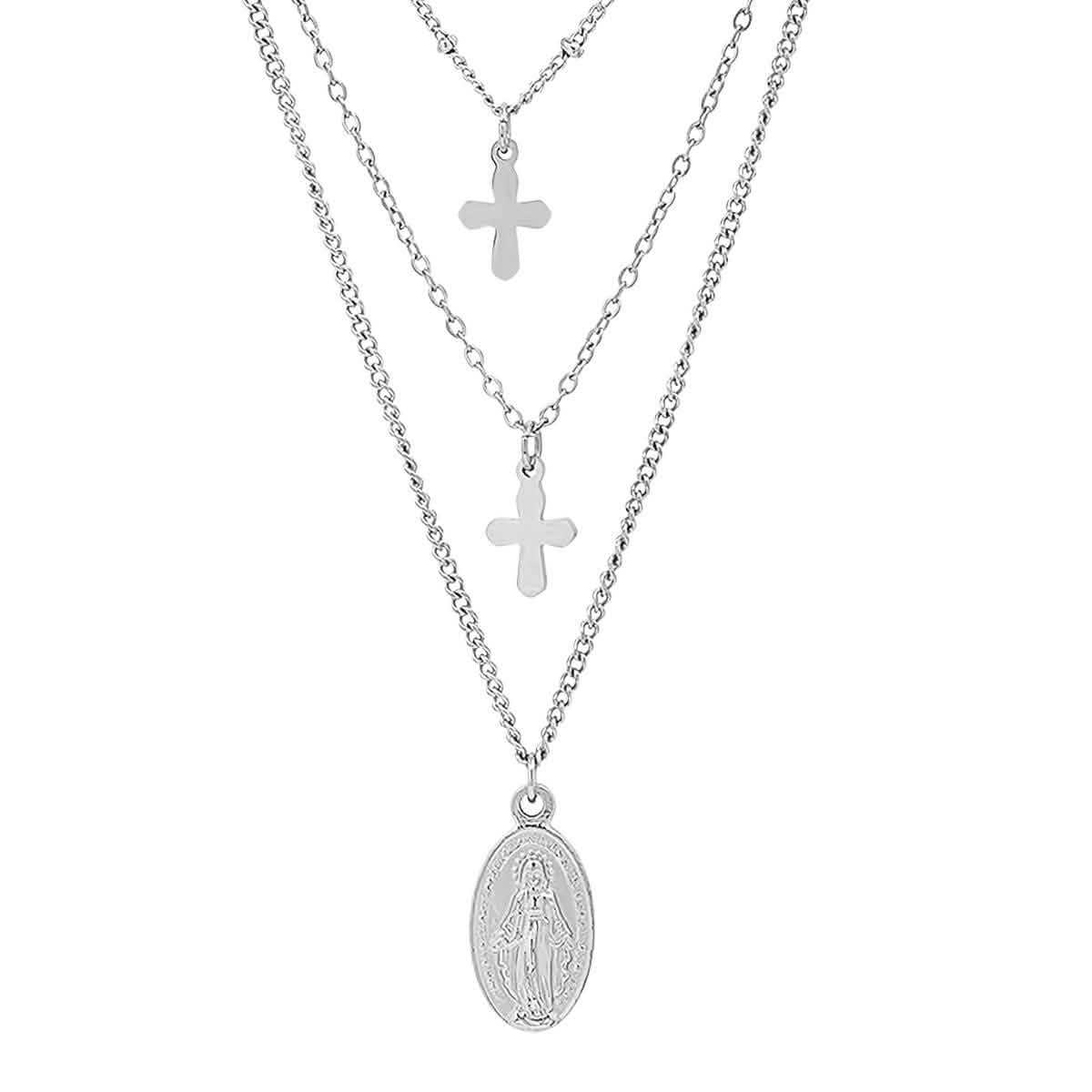 Damen 3-fach Halskette mit Unserer Lieben Frau von Guadalupe und Kreuz-Anhängern