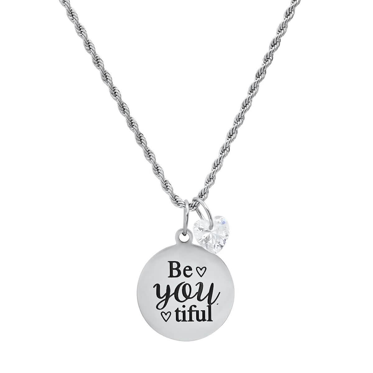 Damen-Edelstahl-Halskette mit „Be You Tiful“-Anhänger, verziert mit einem herzförmigen Swarovski-Kristall-Charm