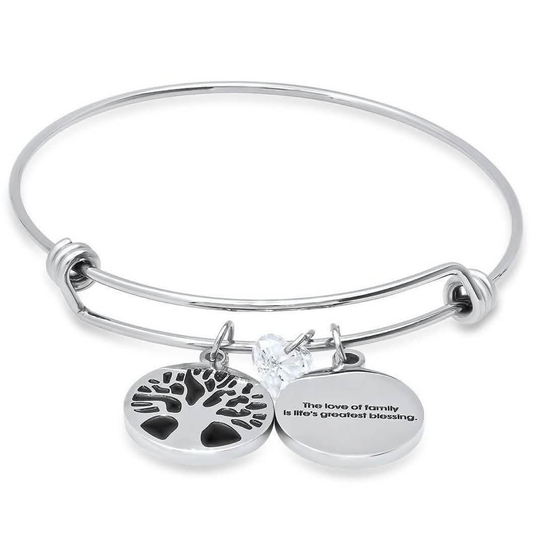 Damen-Armreif aus Edelstahl mit „Love of Family“-Gravur, Lebensbaum und herzförmigem Swarovski-Kristall