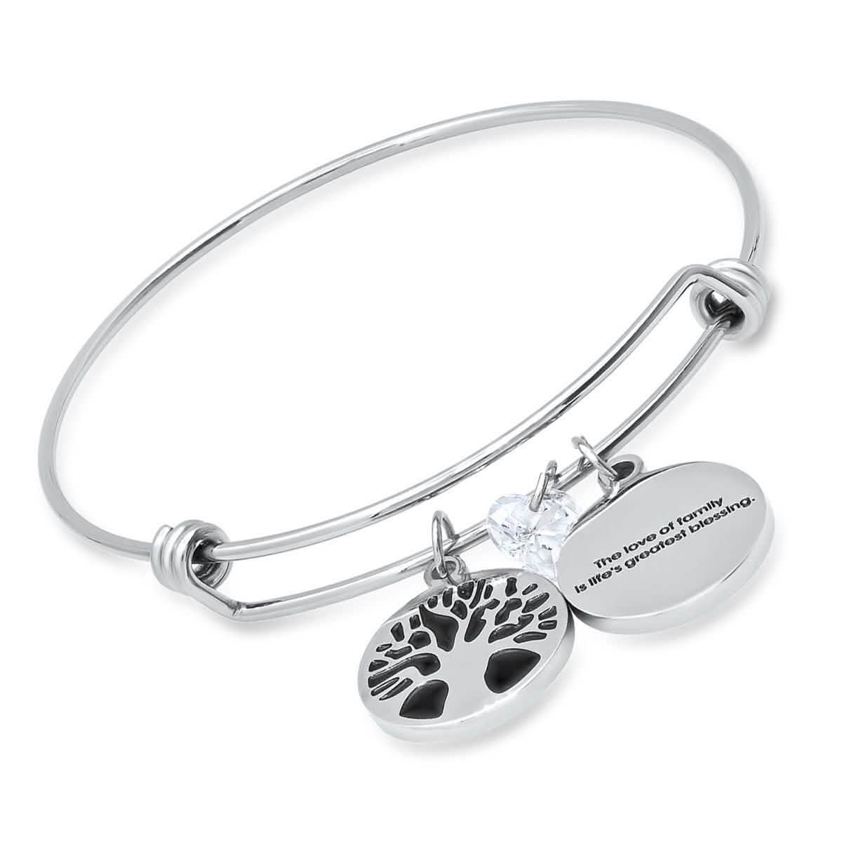 Damen-Armreif aus Edelstahl mit „Love of Family“-Gravur, Lebensbaum und herzförmigem Swarovski-Kristall