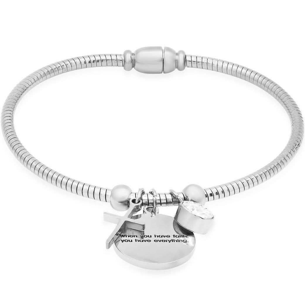 Damen-Edelstahl-Schlangenkettenarmband „When you have faith…“ mit Swarovski-Kristall und Kreuzanhänger