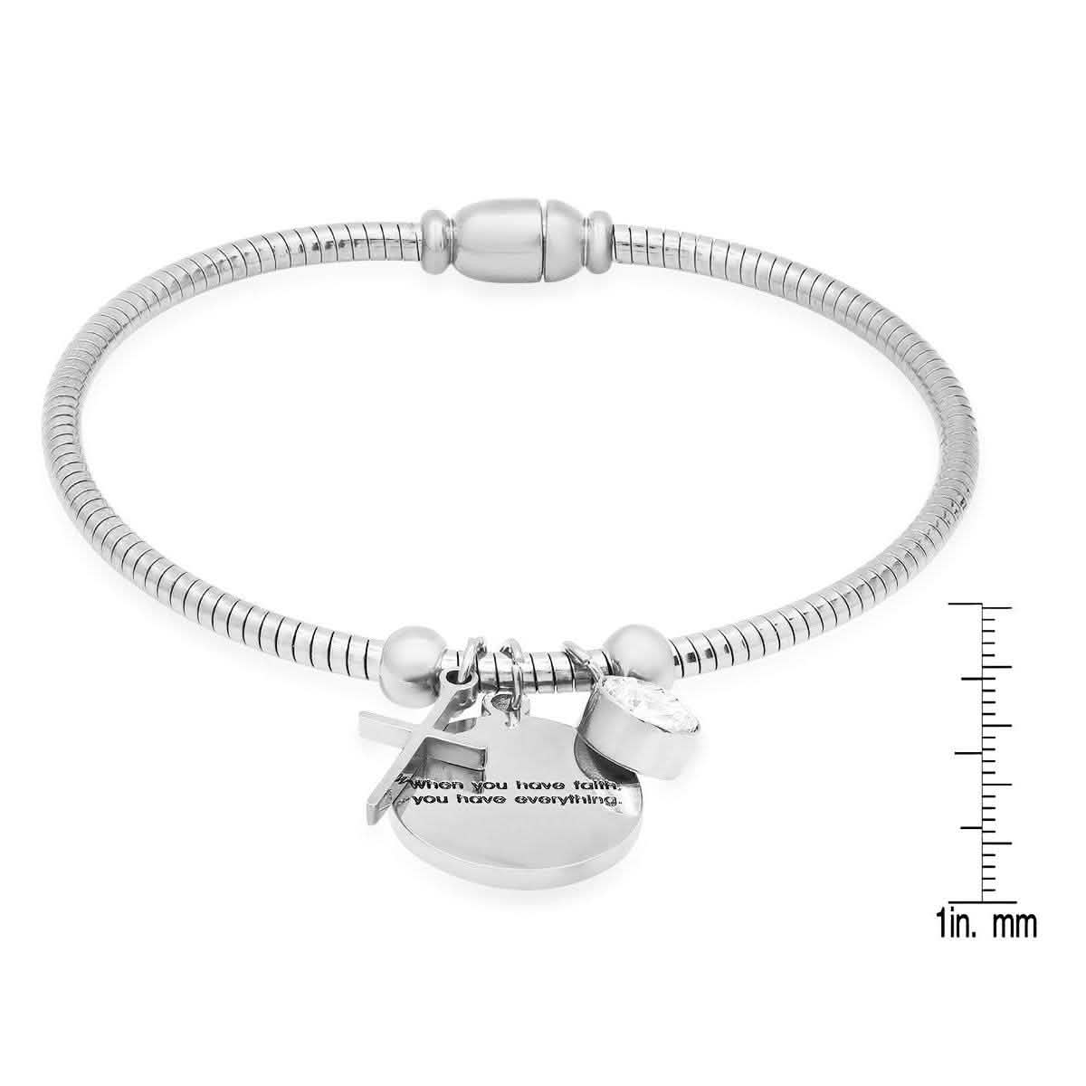 Damen-Edelstahl-Schlangenkettenarmband „When you have faith…“ mit Swarovski-Kristall und Kreuzanhänger