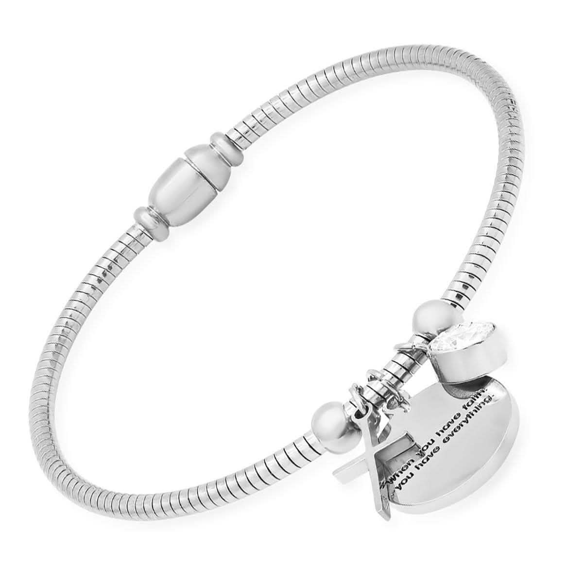 Damen-Edelstahl-Schlangenkettenarmband „When you have faith…“ mit Swarovski-Kristall und Kreuzanhänger