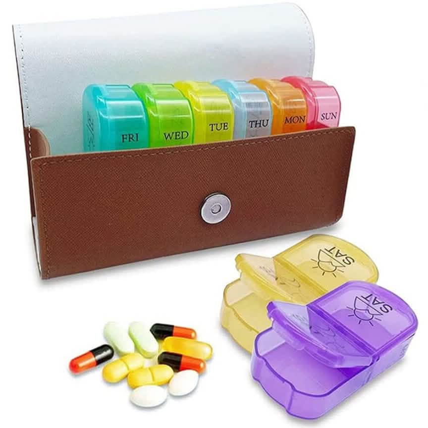 Große tägliche Pillendose Medikamenten-Organizer mit PU-Lederhülle