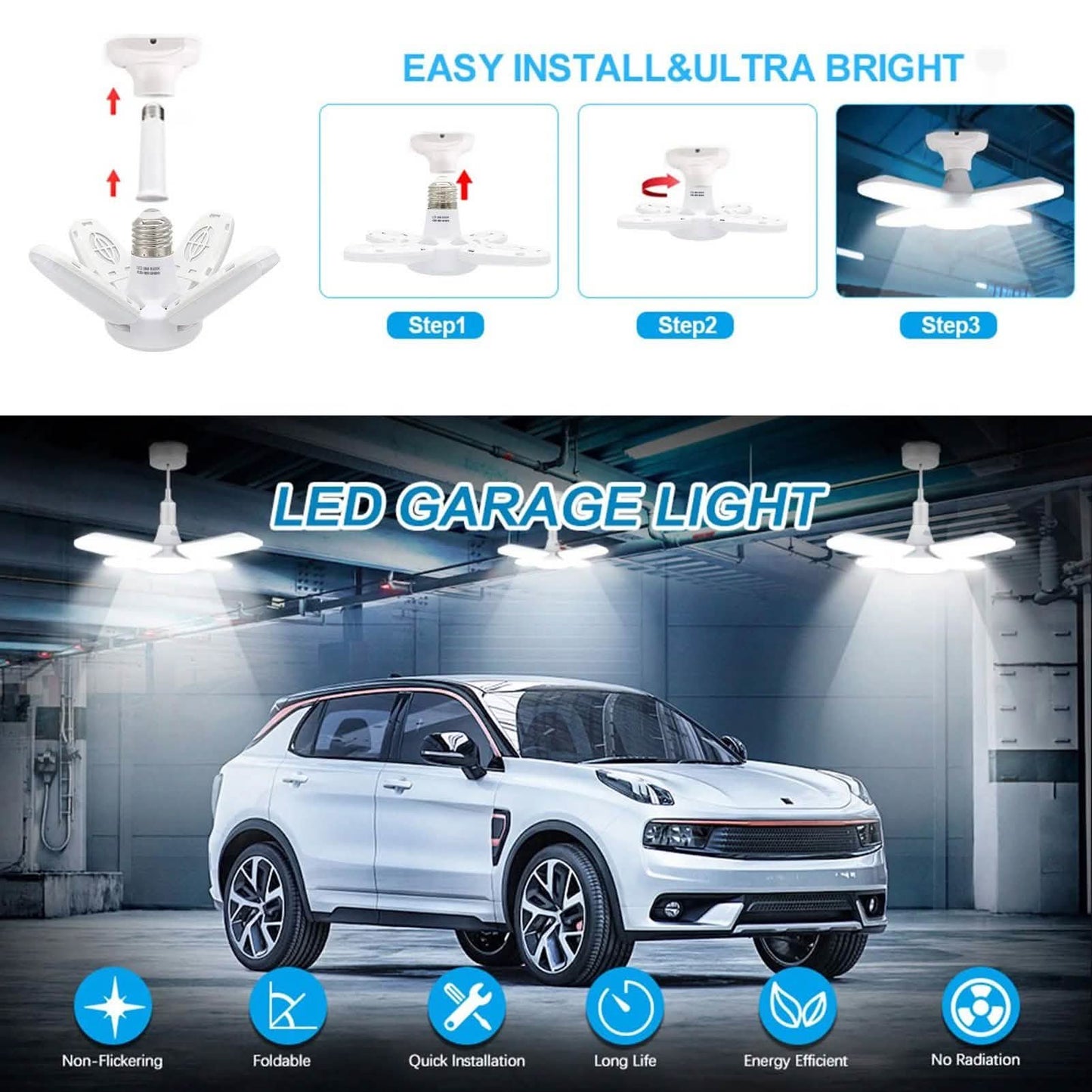 Dimmbare LED-Deckenleuchte für die Garage mit 4 verstellbaren Paneelen