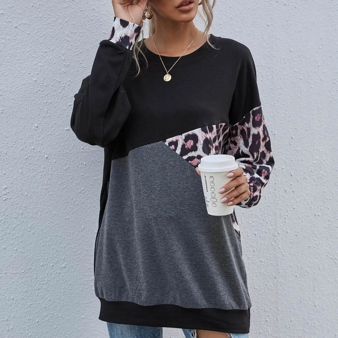 Leopard-Print Colorblock-Sweatshirt mit überschnittenen Schultern