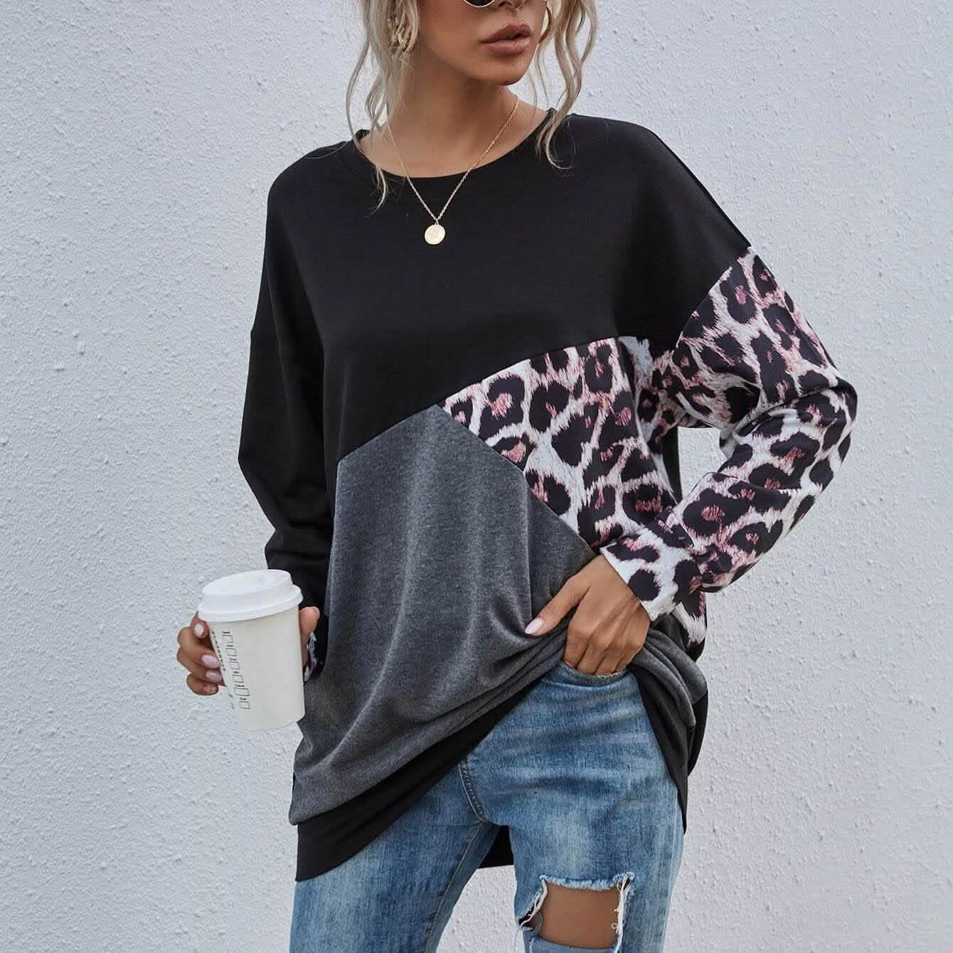 Leopard-Print Colorblock-Sweatshirt mit überschnittenen Schultern