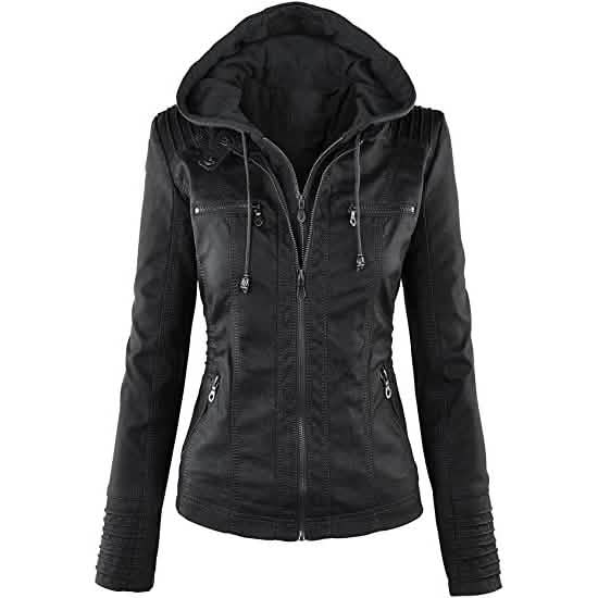 Lock and Love Damen-Kunstlederjacke mit abnehmbarer Kapuze