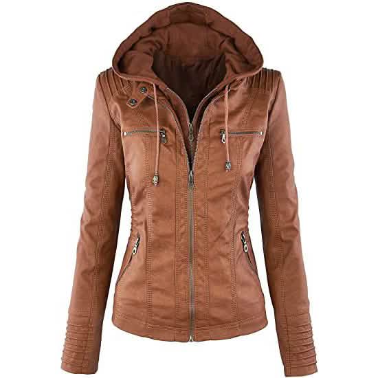 Lock and Love Damen-Kunstlederjacke mit abnehmbarer Kapuze