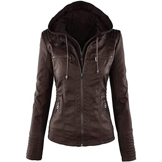 Lock and Love Damen-Kunstlederjacke mit abnehmbarer Kapuze