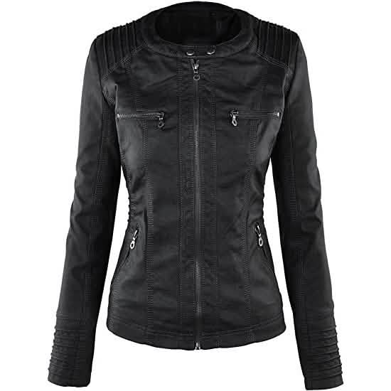 Lock and Love Damen-Kunstlederjacke mit abnehmbarer Kapuze