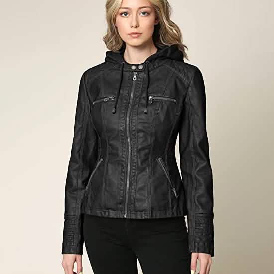 Lock and Love Damen-Kunstlederjacke mit abnehmbarer Kapuze