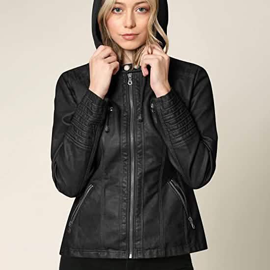 Lock and Love Damen-Kunstlederjacke mit abnehmbarer Kapuze