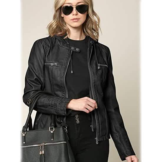 Lock and Love Damen-Kunstlederjacke mit abnehmbarer Kapuze