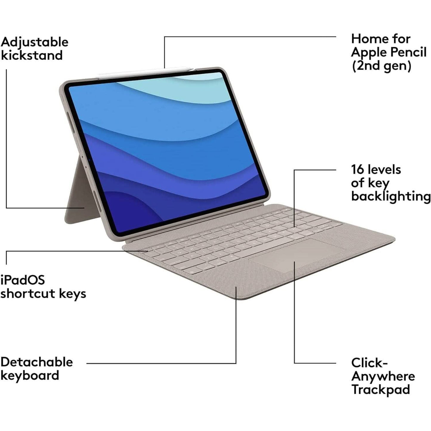 Logitech Combo Touch iPad Pro 12.9" (5./6. Generation – 2021, 2022) Tastatur-Case – Sand US-Layout