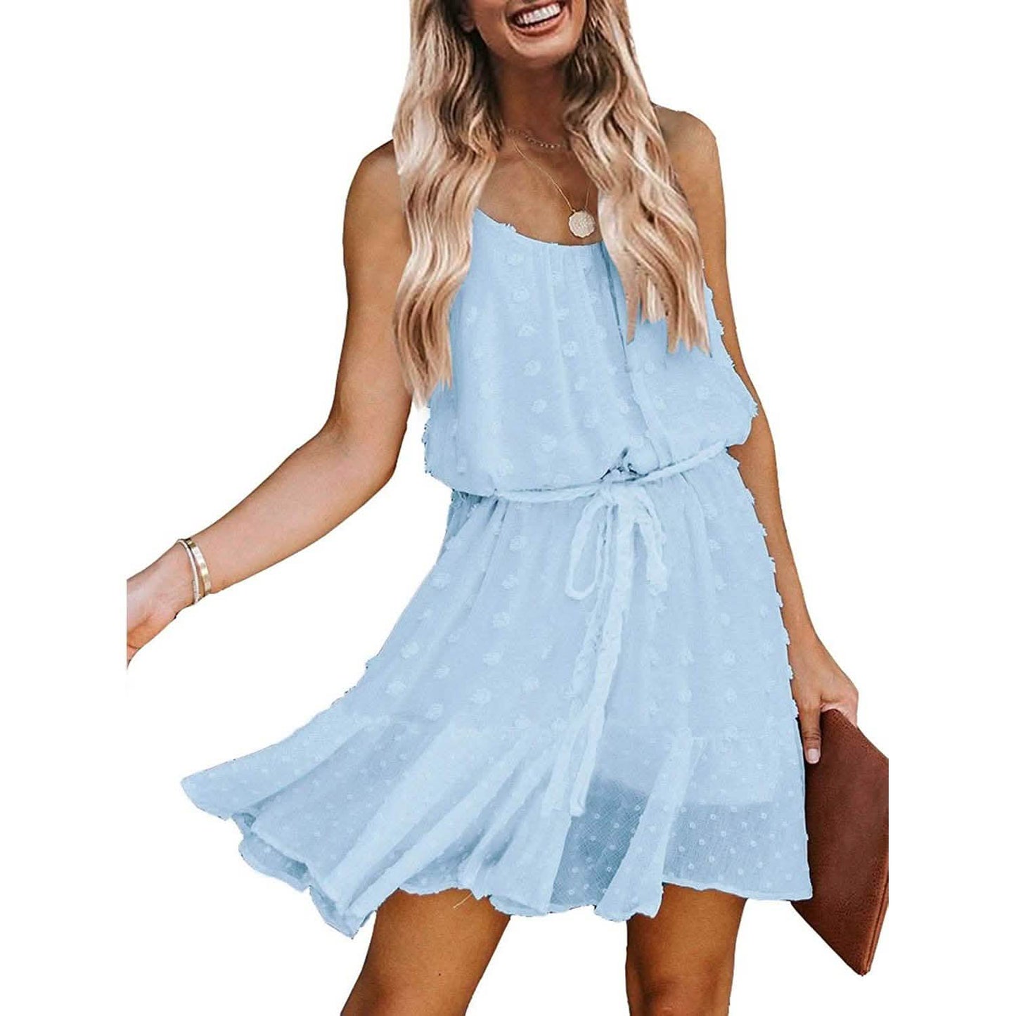 Lovinchic Damen Spaghettiträger Minikleid mit gebundener Taille und Blumenmuster Sommer Casual Flowy Kleid