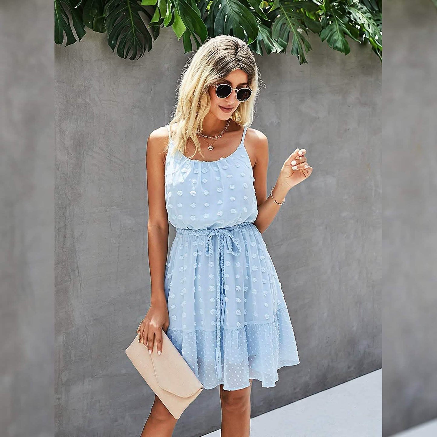 Lovinchic Damen Spaghettiträger Minikleid mit gebundener Taille und Blumenmuster Sommer Casual Flowy Kleid
