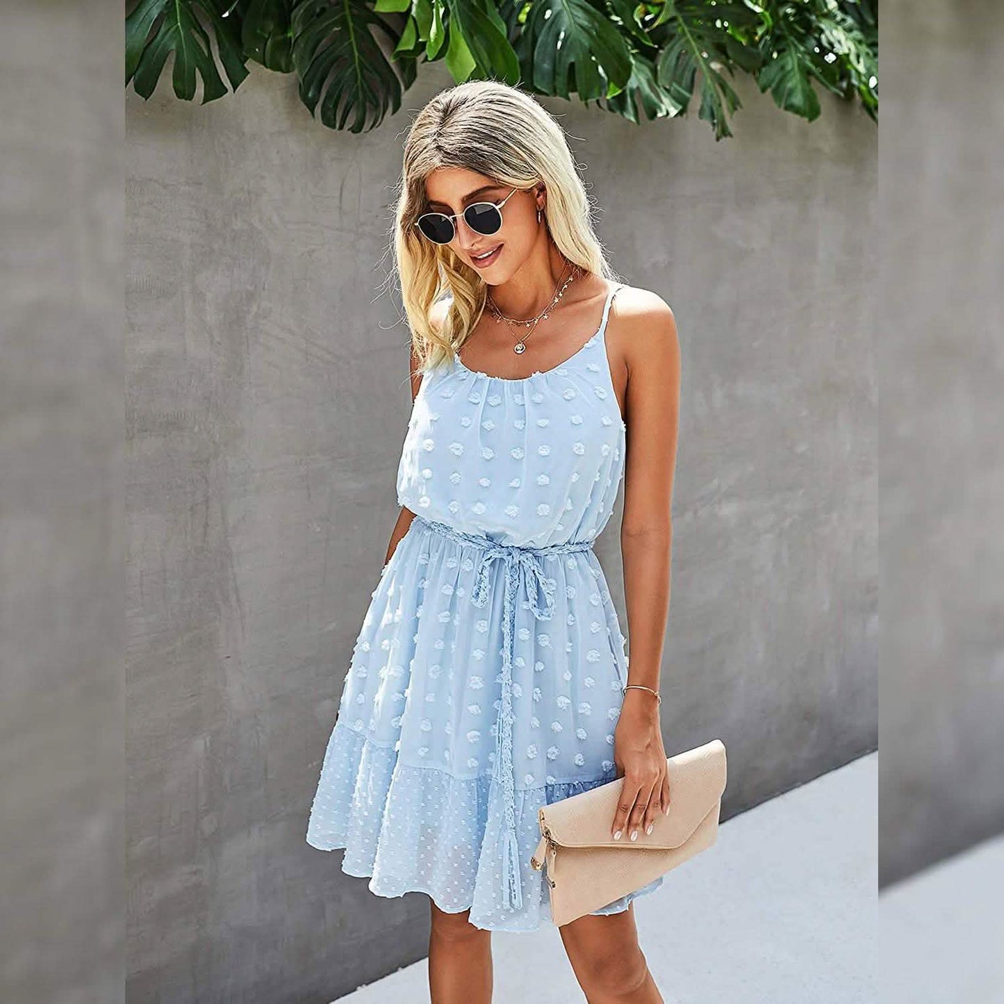 Lovinchic Damen Spaghettiträger Minikleid mit gebundener Taille und Blumenmuster Sommer Casual Flowy Kleid