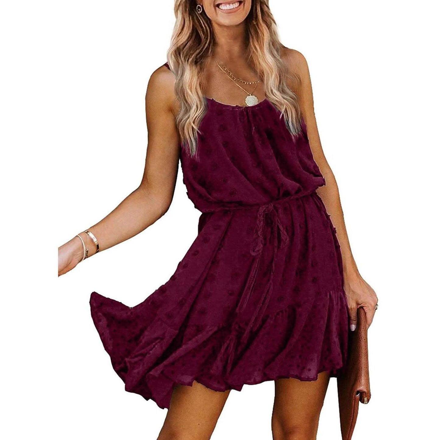 Lovinchic Damen Spaghettiträger Minikleid mit gebundener Taille und Blumenmuster Sommer Casual Flowy Kleid