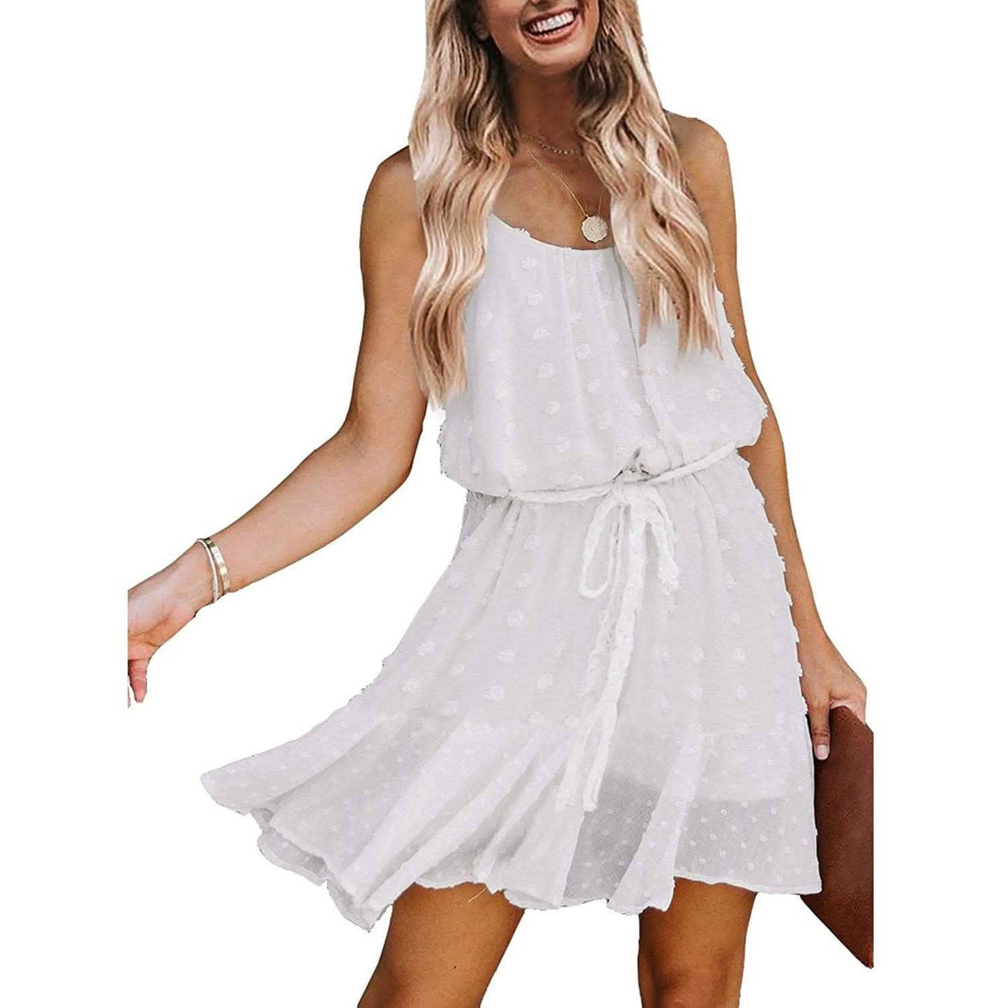 Lovinchic Damen Spaghettiträger Minikleid mit gebundener Taille und Blumenmuster Sommer Casual Flowy Kleid