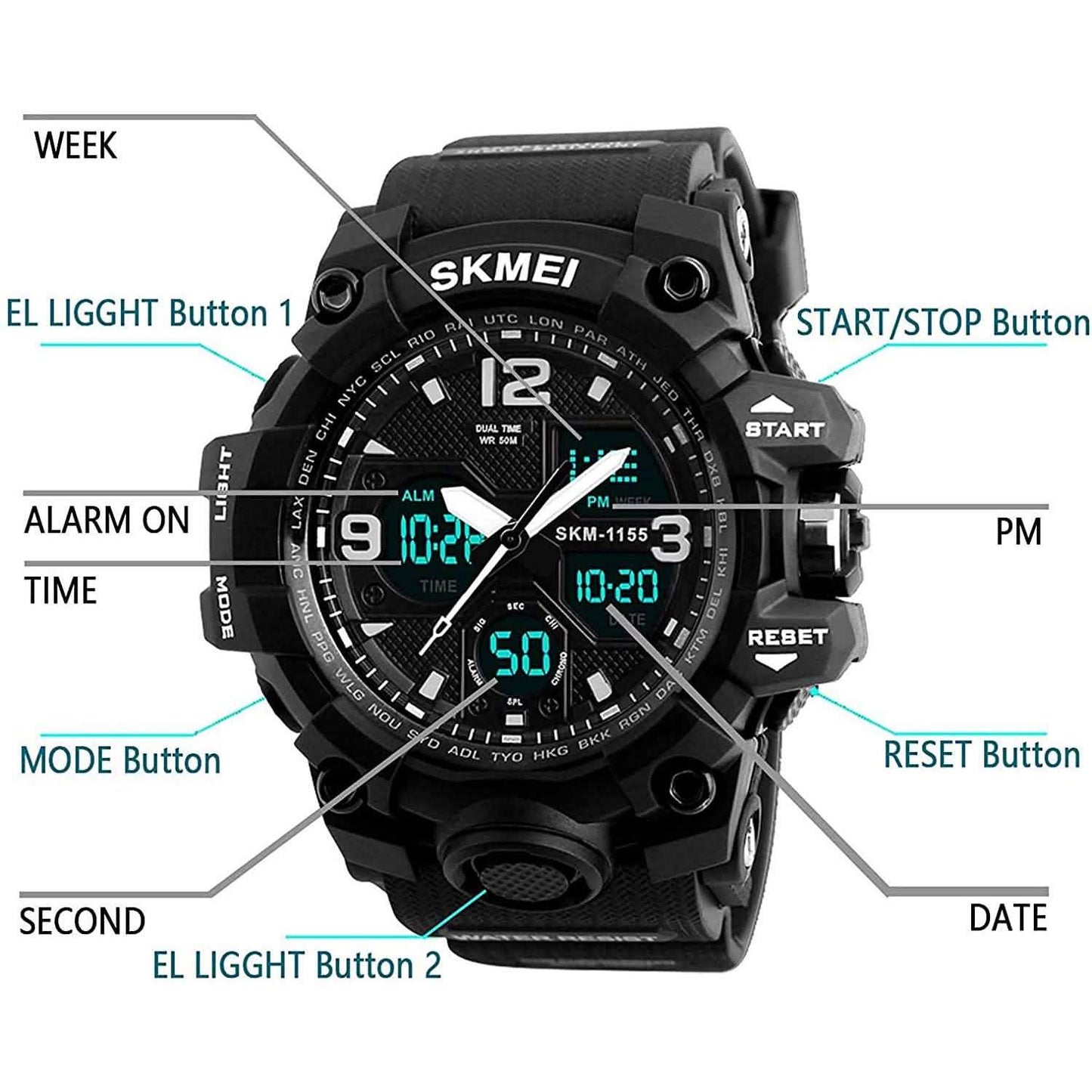 LYMFHCH Große Outdoor-Armbanduhr mit zwei Zeitanzeigen im Army-Stil, taktisch