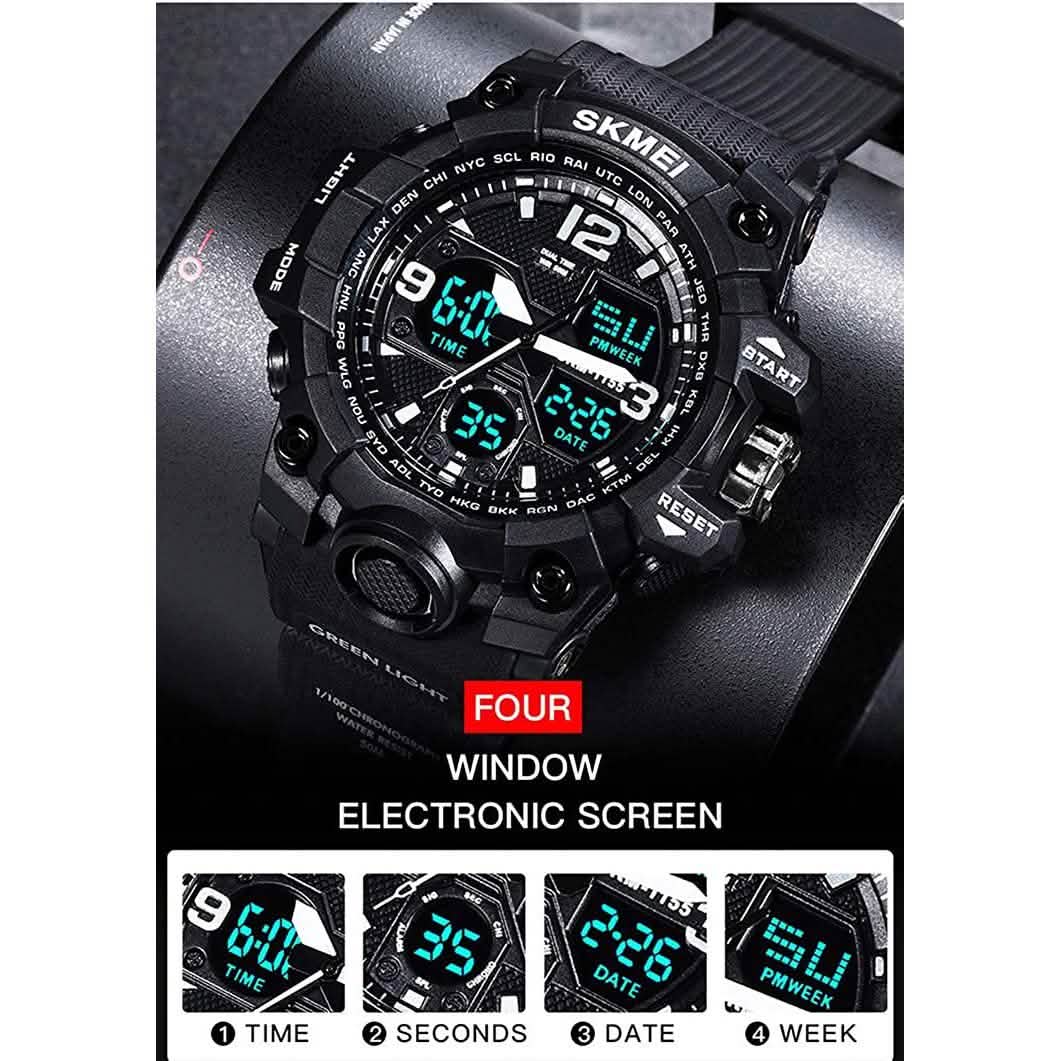 LYMFHCH Große Outdoor-Armbanduhr mit zwei Zeitanzeigen im Army-Stil, taktisch