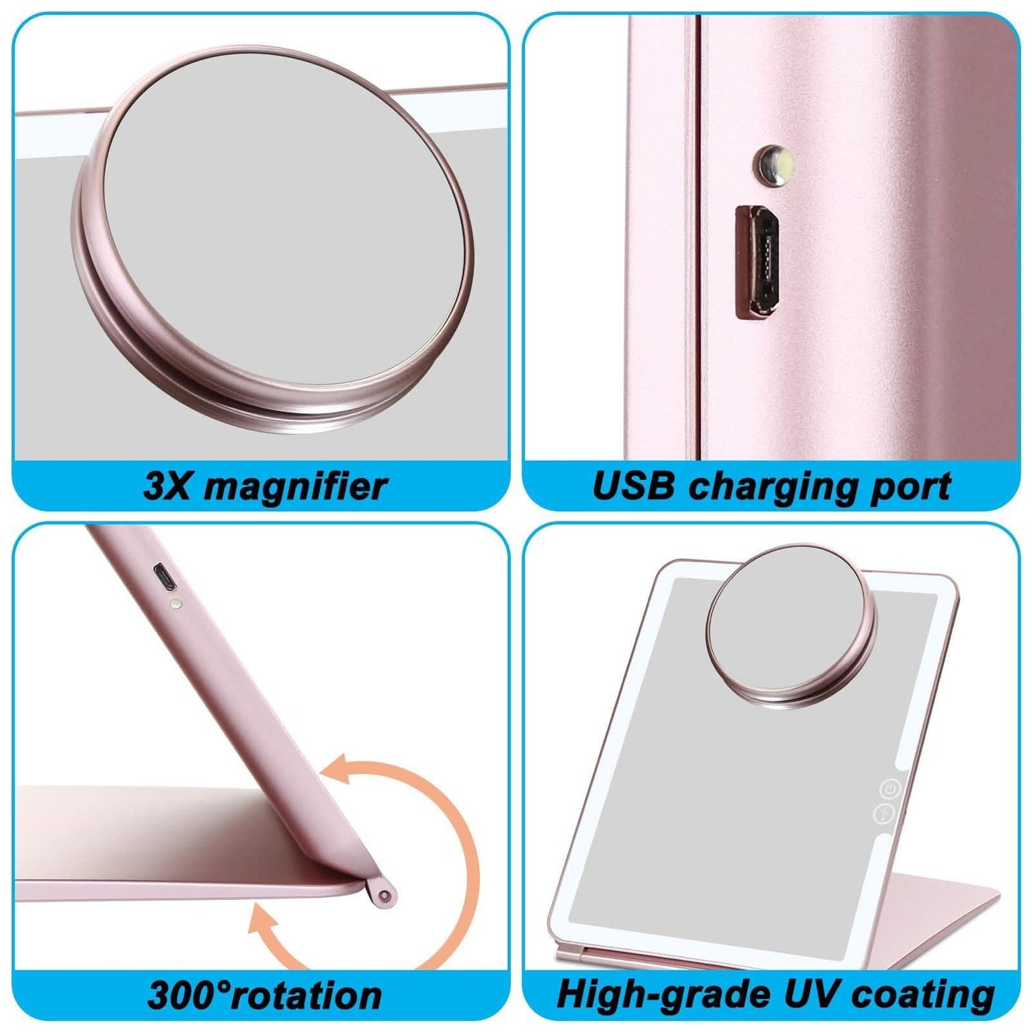 Schminkspiegel mit USB-Ladefunktion und LED-Beleuchtung