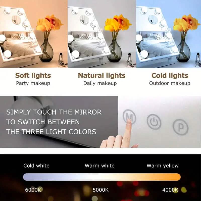 Kosmetikspiegel mit 9 Glühbirnen, einstellbarer Helligkeit und smarter Touch-Steuerung