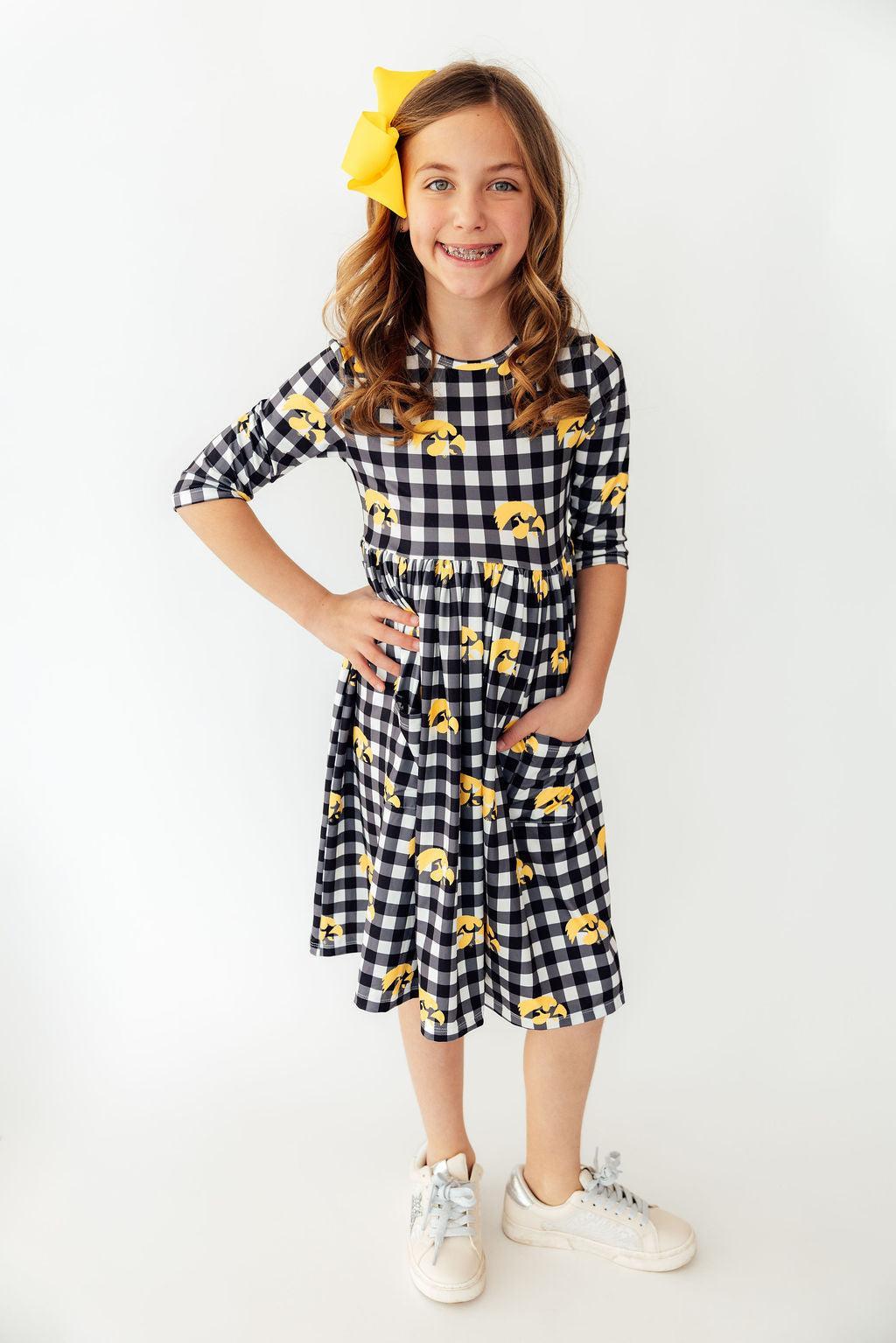 Iowa Plaid Tigerhawk 3/4-Ärmel-Taschen-Wickelkleid