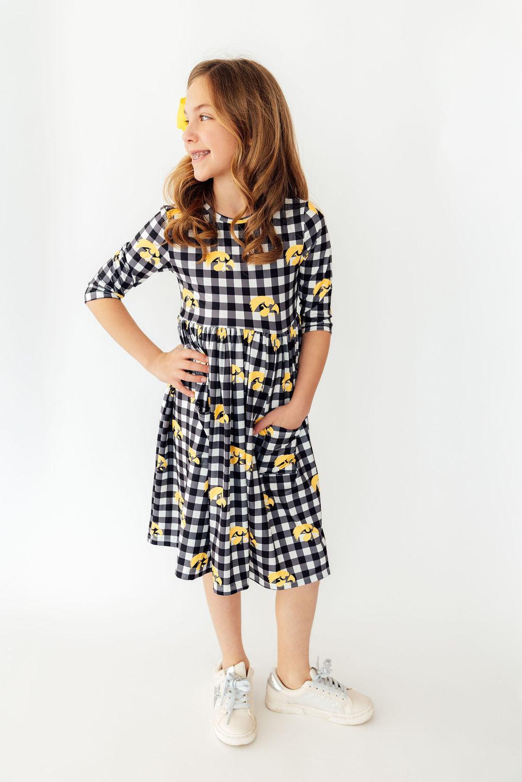 Iowa Plaid Tigerhawk 3/4-Ärmel-Taschen-Wickelkleid