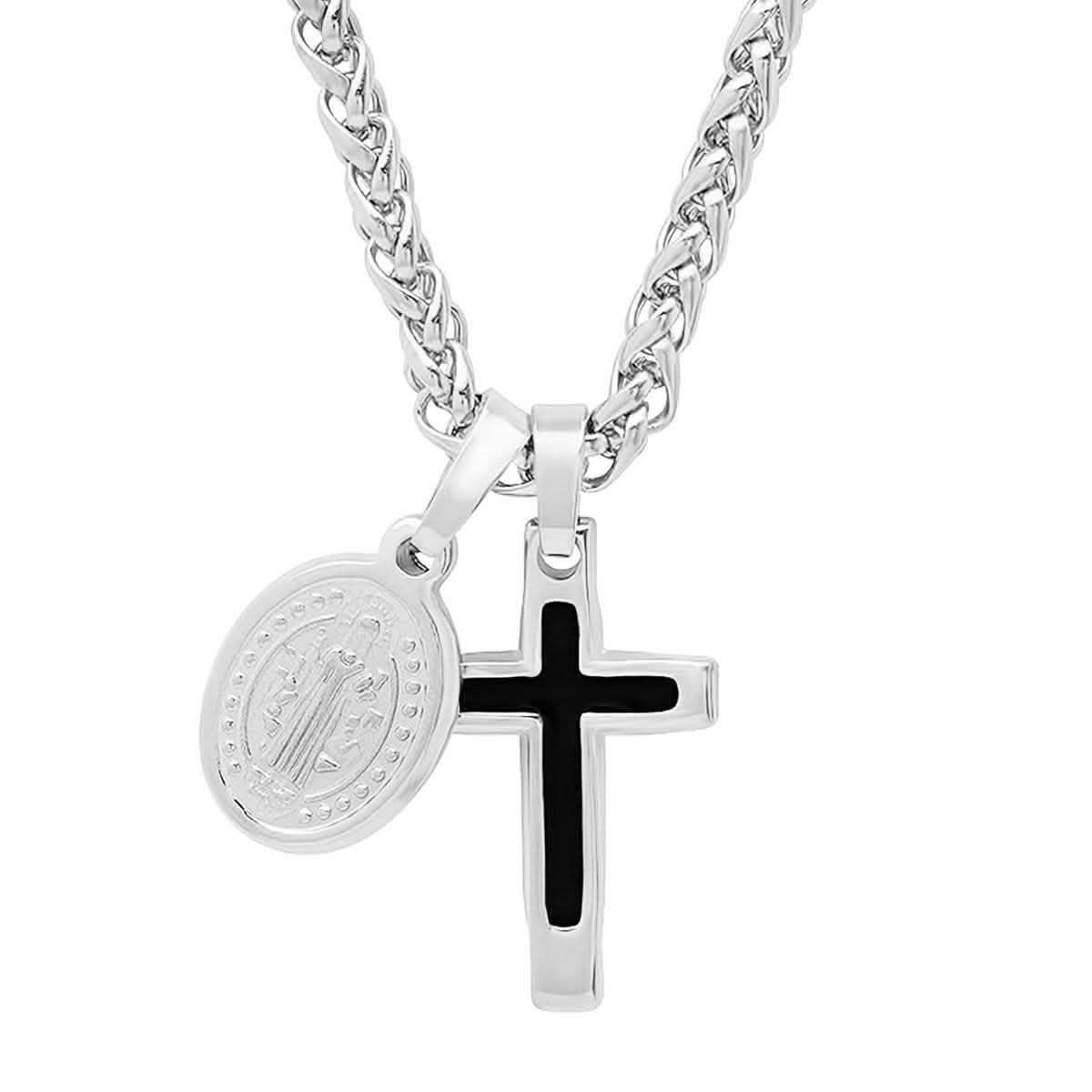 Herren-Edelstahlhalskette mit Kreuz- und St. Benedikt-Anhängern