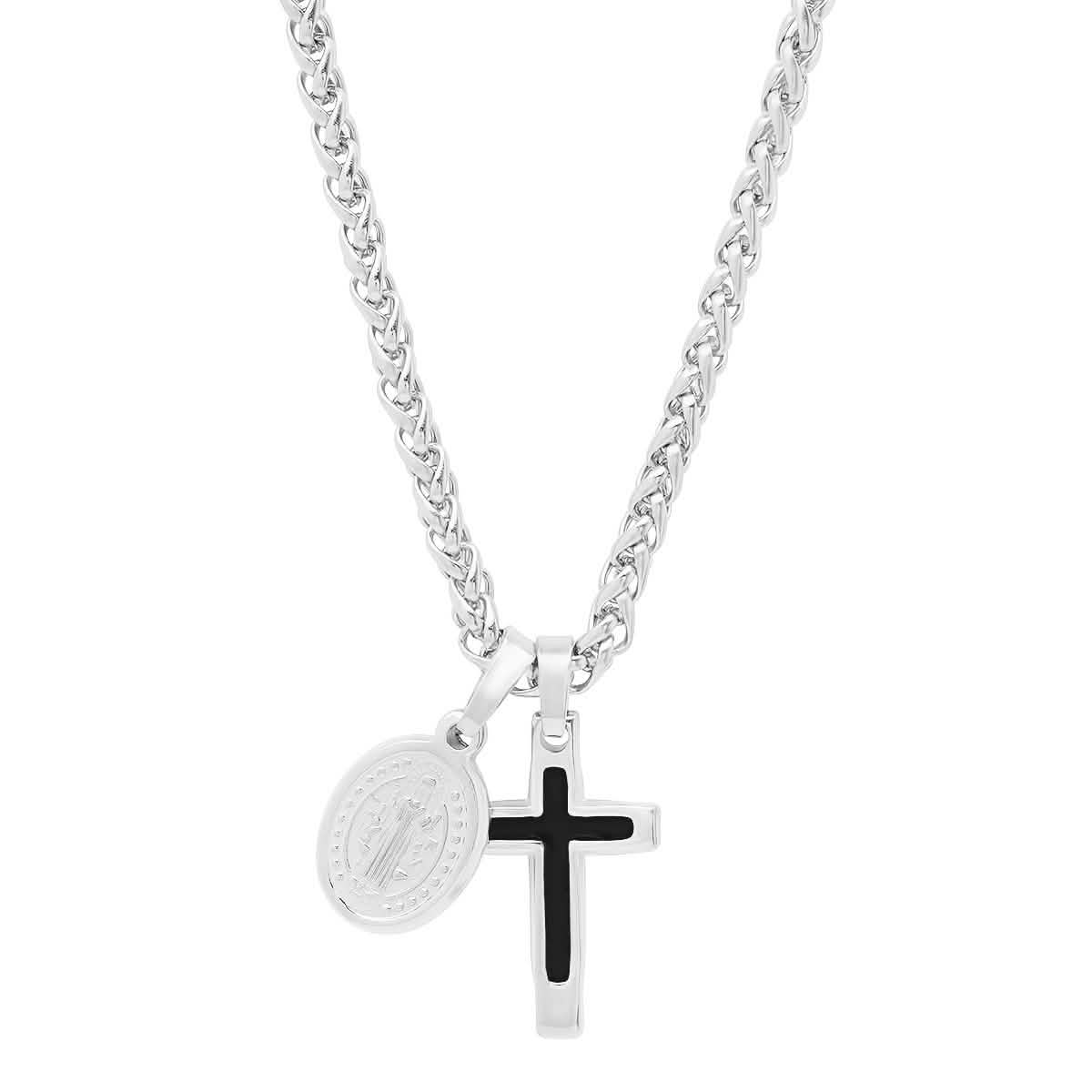 Herren-Edelstahlhalskette mit Kreuz- und St. Benedikt-Anhängern
