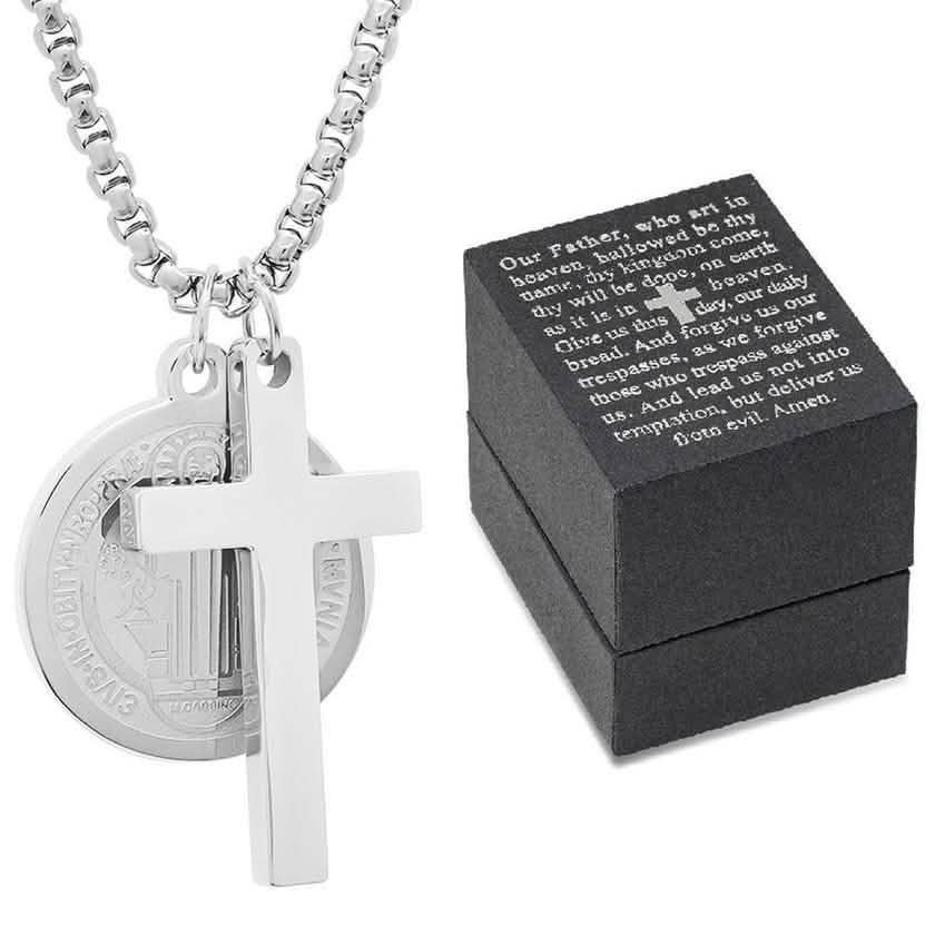 Herren-Edelstahl-Sankt-Benedikt- und Kreuz-Anhänger mit Gebet-Geschenkbox