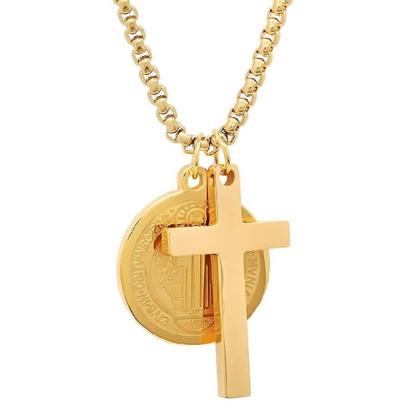 Herren-Edelstahl-Sankt-Benedikt- und Kreuz-Anhänger mit Gebet-Geschenkbox