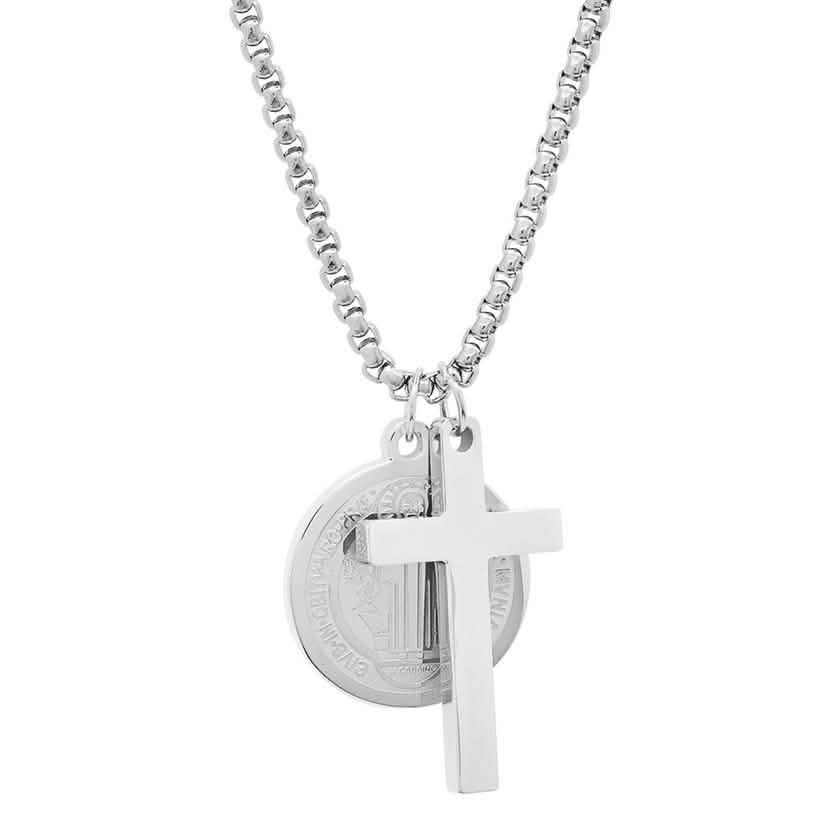 Herren-Edelstahl-Sankt-Benedikt- und Kreuz-Anhänger mit Gebet-Geschenkbox